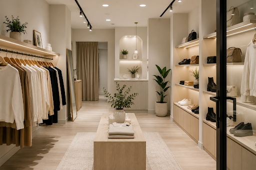 Boutique elegantă cu haine, pantofi și accesorii expuse