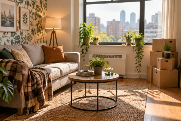 Living luminos într-un apartament închiriat, cu canapea, pled, plante la fereastră și cutii de mutare într-un colț
